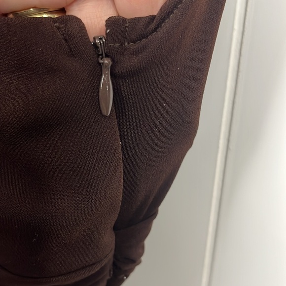 Sangria Womens Midi Dress 12 Chocolate Brown Green Floral Side Zip Ruching Party - Picture 5 of 13